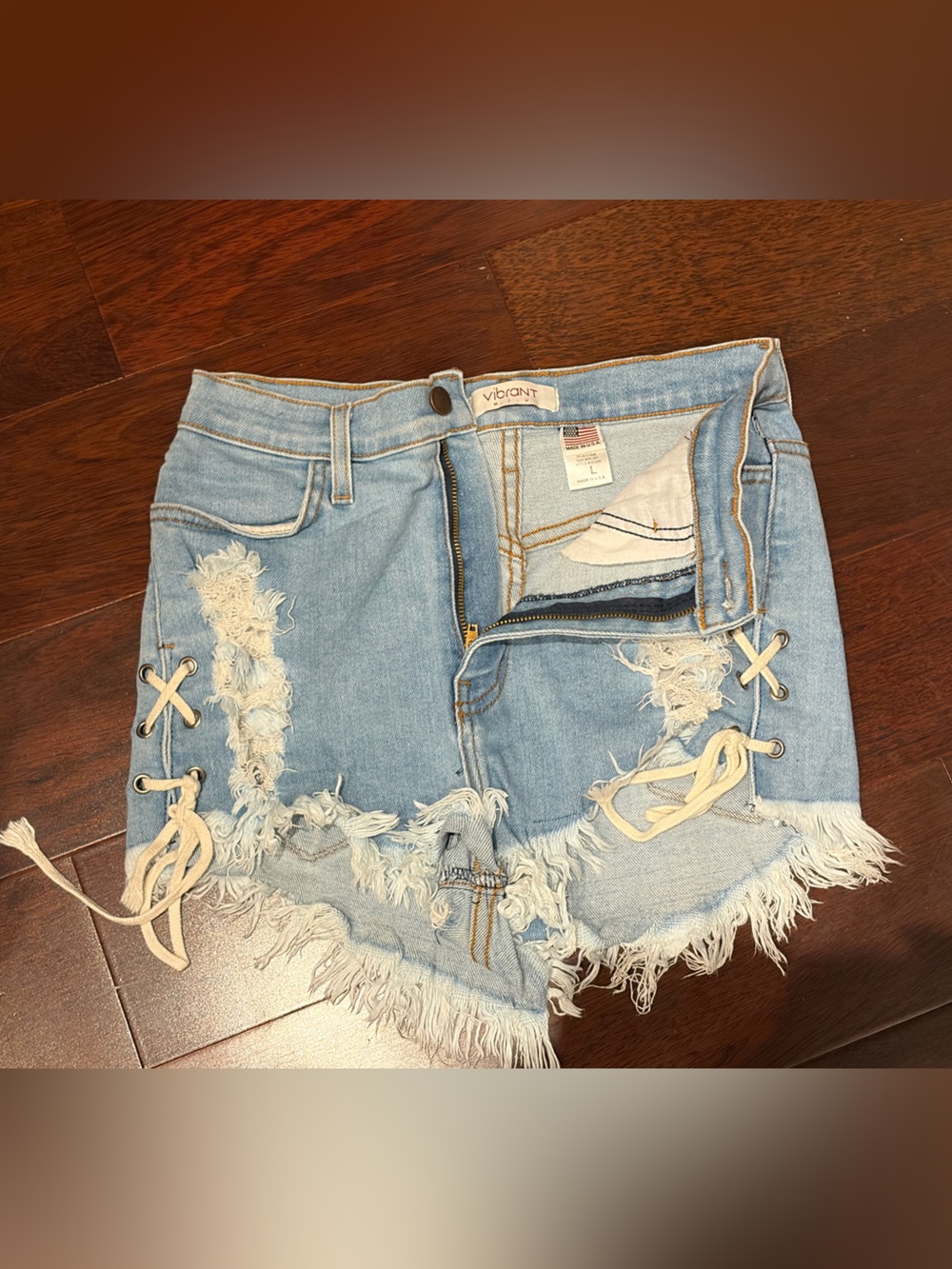 Vigoss Light Blue Distressed Lace-Up Denim Shorts